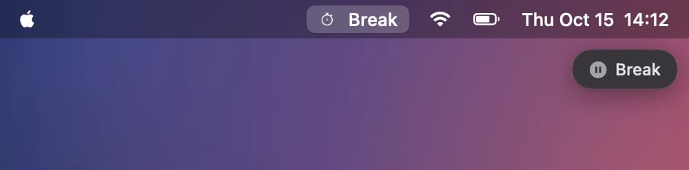 A small Break pill under the macOS menu bar while nothing is being tracked