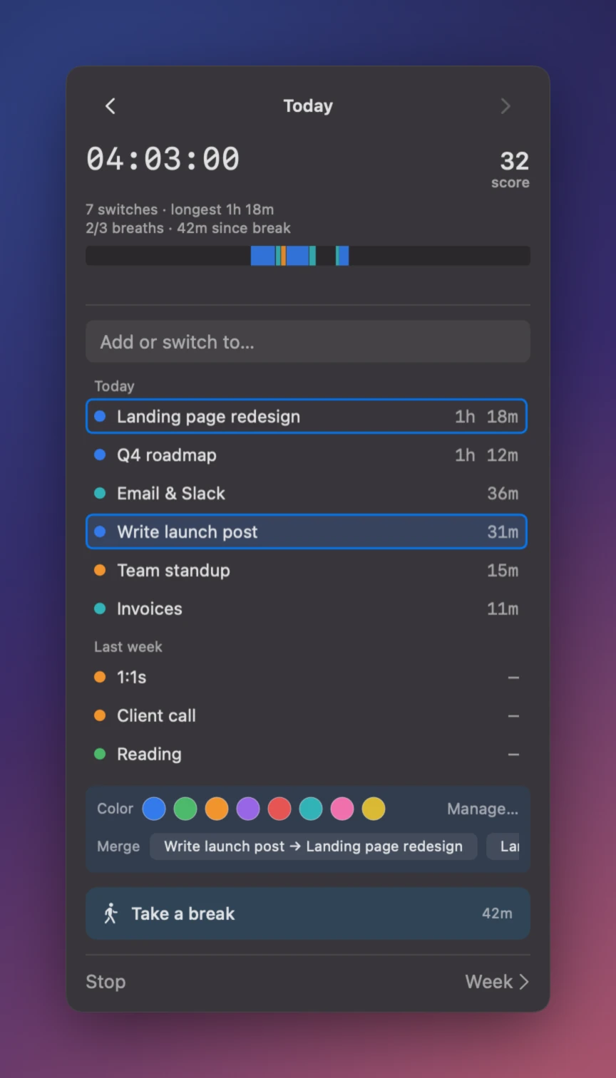 TimTime day view with two tasks selected and a row of color swatches to recolor or merge them