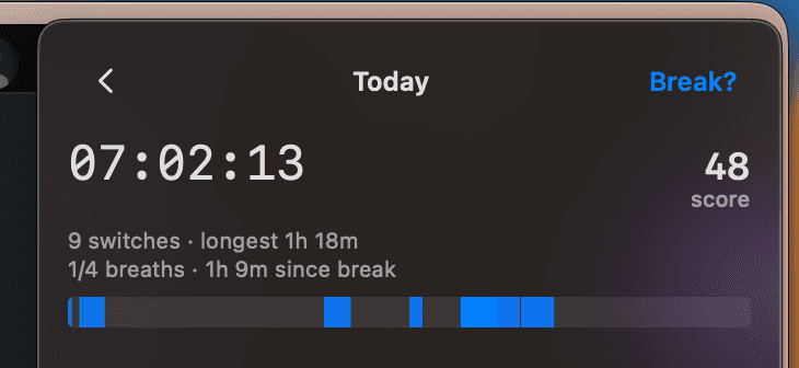 TimTime today view — live timer, focus score, and a timeline of the day