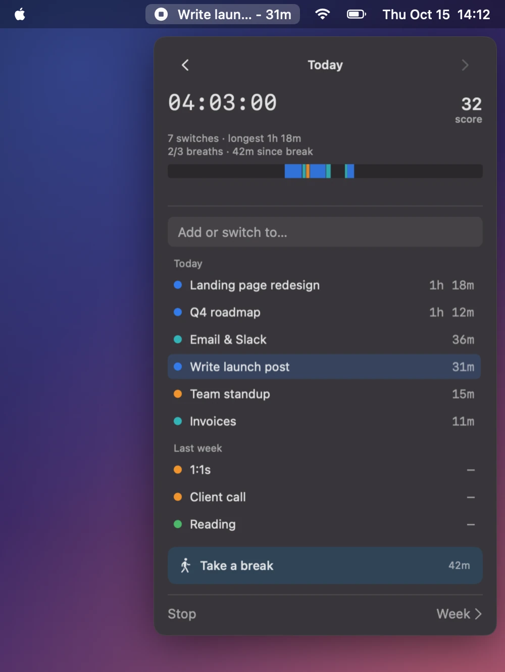 TimTime open under the macOS menu bar: a live timer, a focus score, a color-coded timeline of the day, and today's tasks
