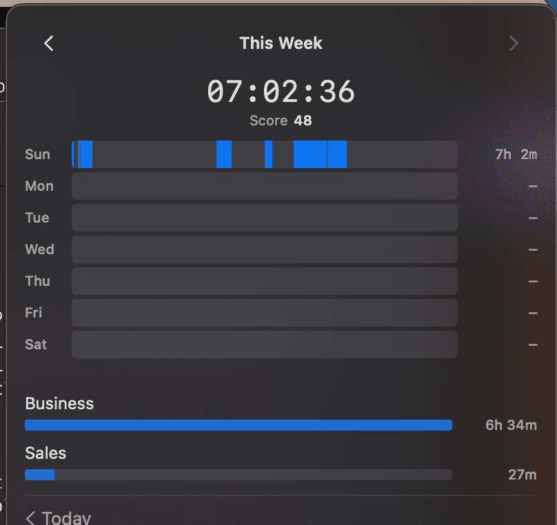 TimTime weekly view with per-day bars and per-label totals