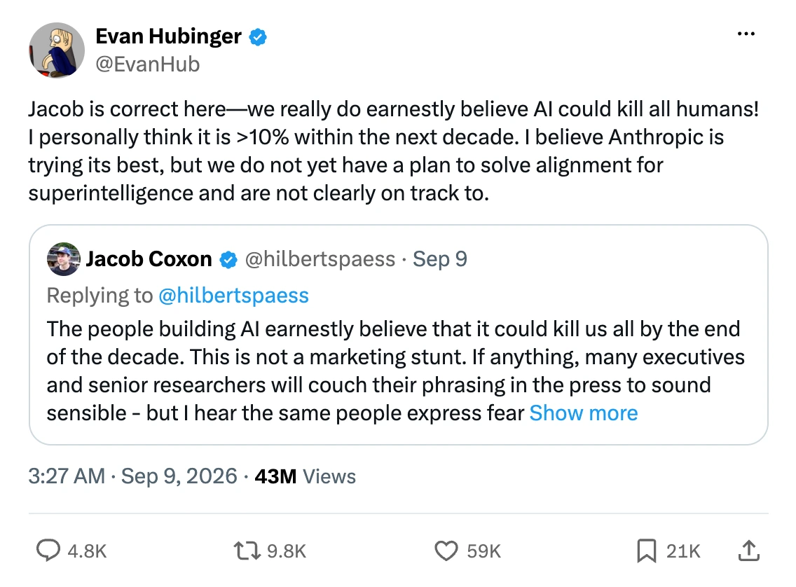 Evan Hubinger's post on X, 9 Sep 2026: "I personally think it is >10% within the next decade."