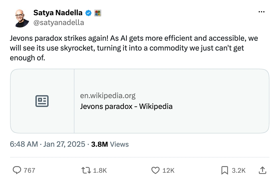 Satya Nadella's post on X, 27 Jan 2025, when cheap AI models arrived.