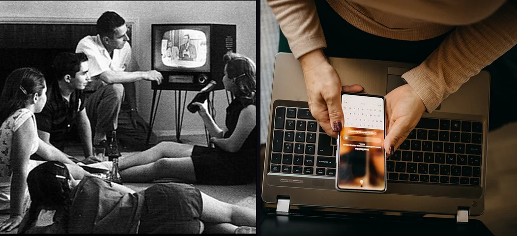 1958: one screen in the house. Now: a laptop and a phone at once. Photos: family watching television, 1958 (CC0); Shixart1985 (CC BY 2.0), both via Wikimedia Commons.